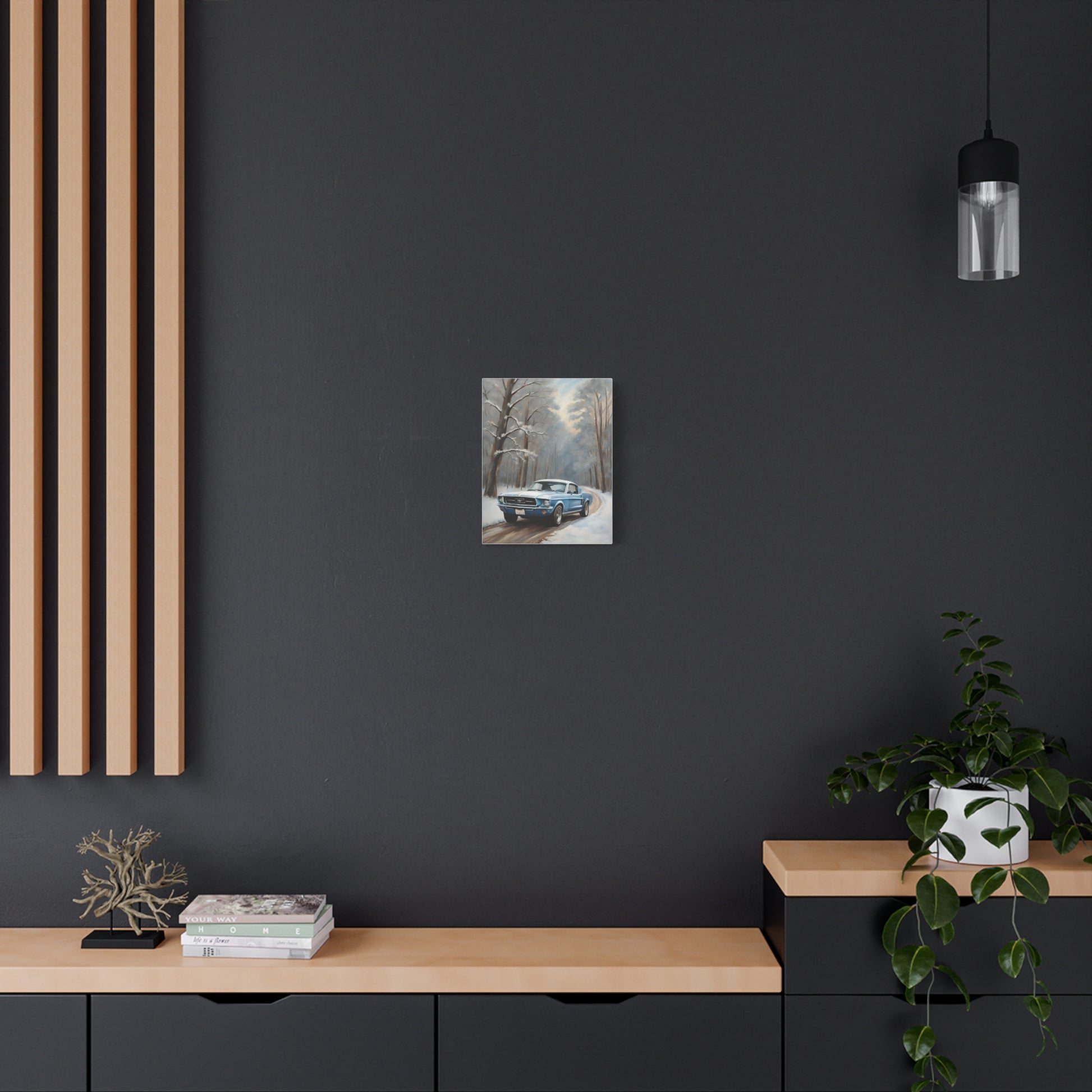 Blue Fastback Winter Scene Canvas Print displayed on a dark wall with modern decor