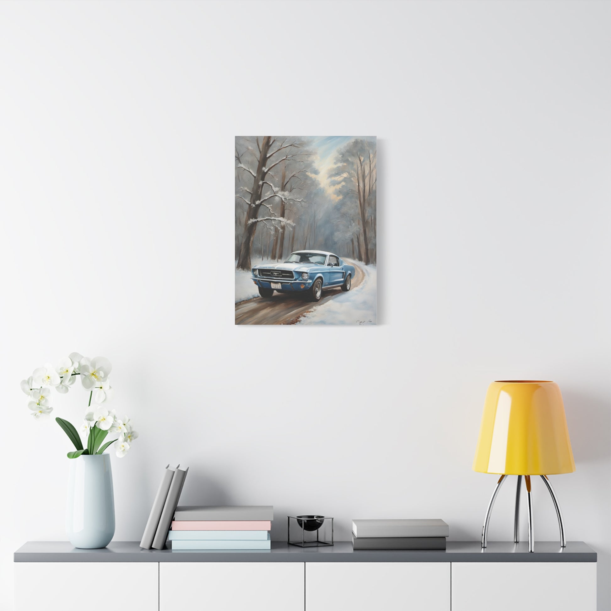 Blue Fastback Winter Scene Canvas Print featuring a vintage car in a snowy landscape