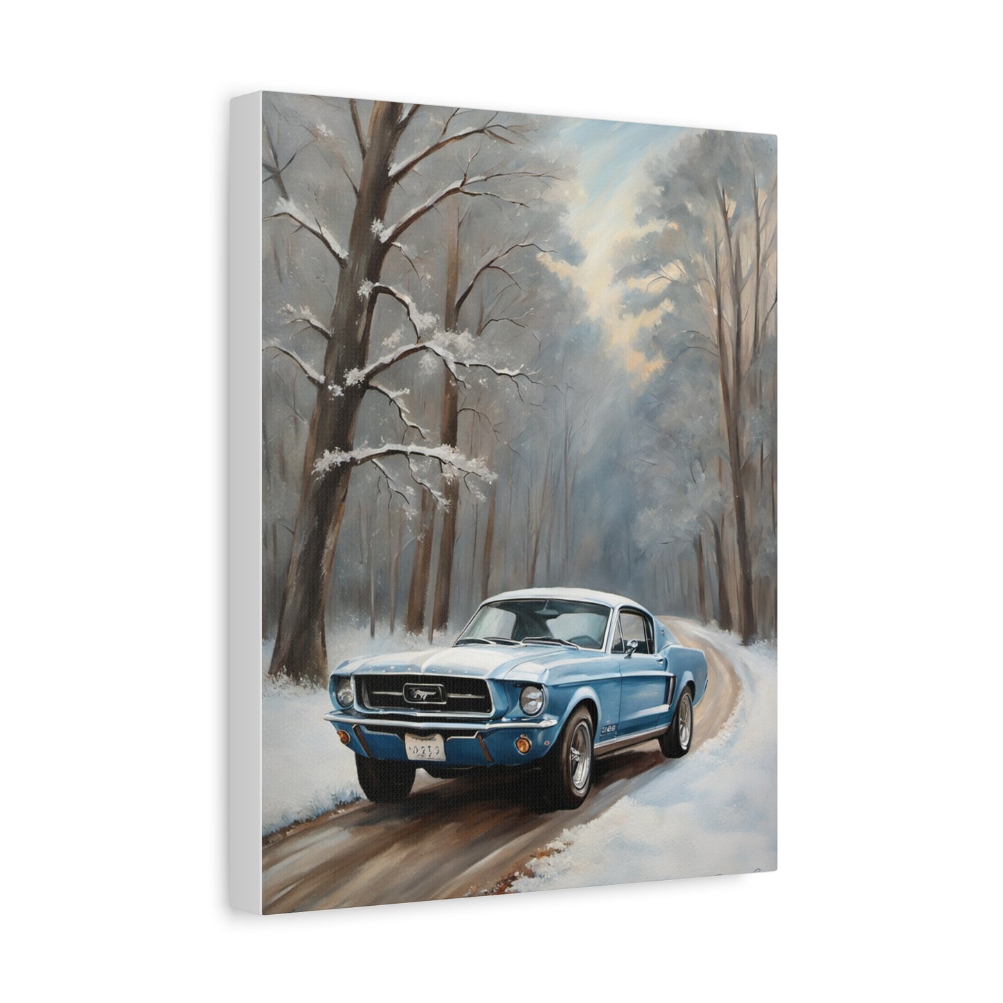 Blue American Fastback Winter Scene Canvas Print featuring a classic car on a snowy road