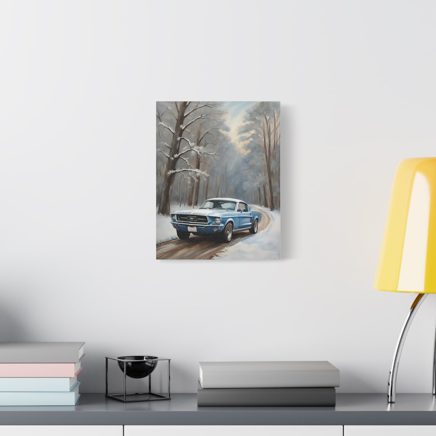 Blue Fastback Winter Scene Canvas Print featuring a classic car on a snowy road with trees