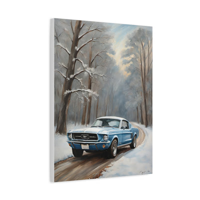 Blue Fastback Winter Scene Canvas Print featuring a retro car on a snowy road among trees