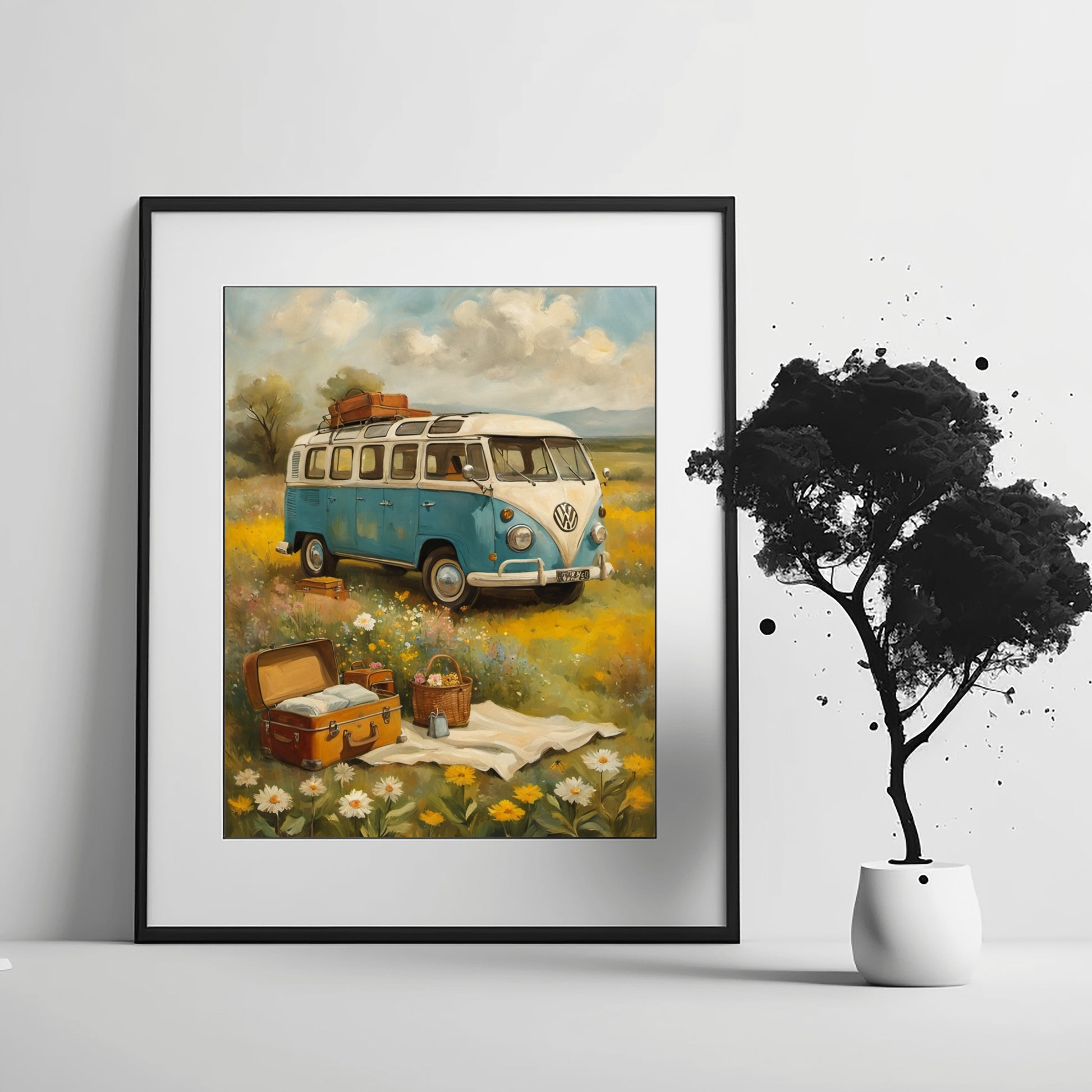 Framed digital bohemian picnic wall art featuring a vintage blue van and picnic setup in a flower field