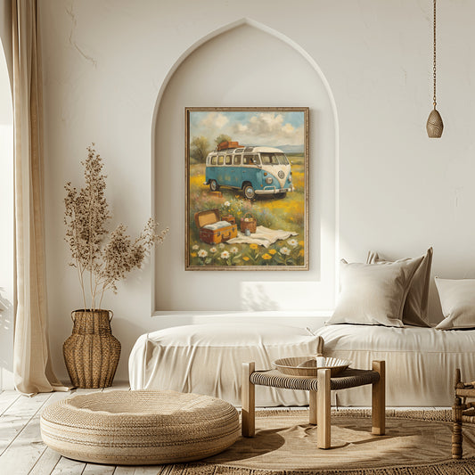 bohemian picnic wall art featuring vintage van and picnic setup in bright floral field