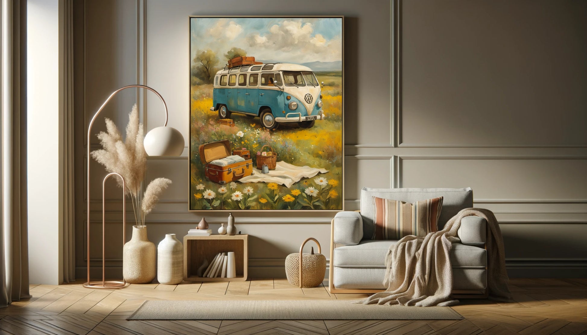 Bohemian picnic wall art featuring a vintage blue van and picnic setup in a sunny field