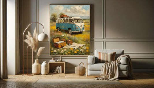 Bohemian picnic wall art featuring a vintage blue van and picnic setup in a sunny field
