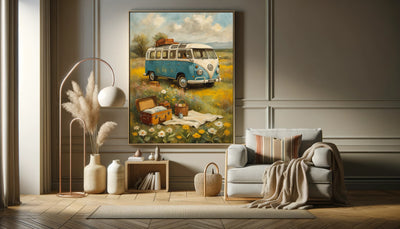 Bohemian picnic wall art featuring a vintage blue van and picnic setup in a sunny field