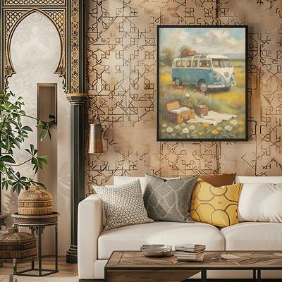 bohemian picnic wall art featuring a vintage blue van and picnic scene hanging above a white sofa in a stylish living room