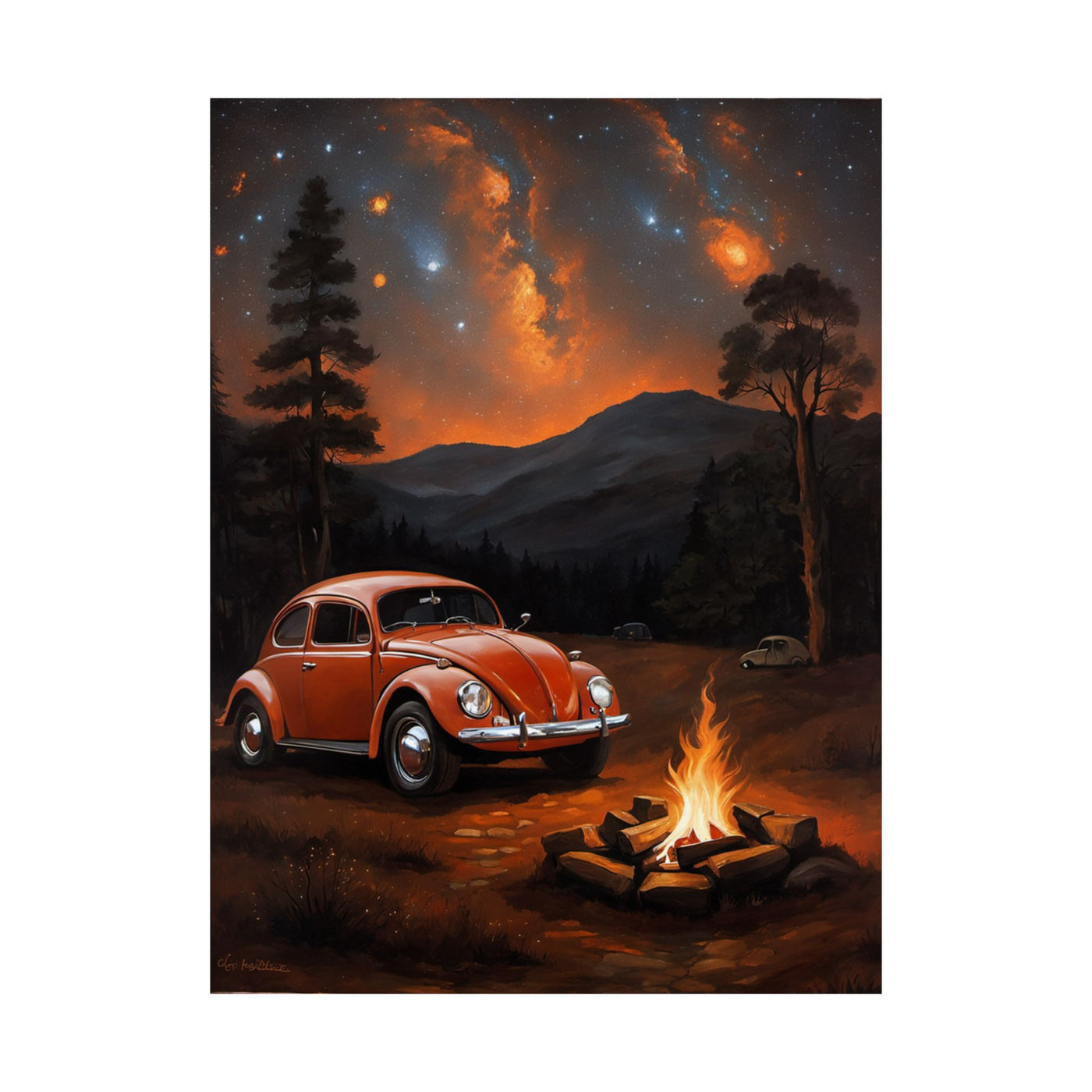 Vintage orange car enthusiast gift poster featuring a tranquil campsite under a starry night sky