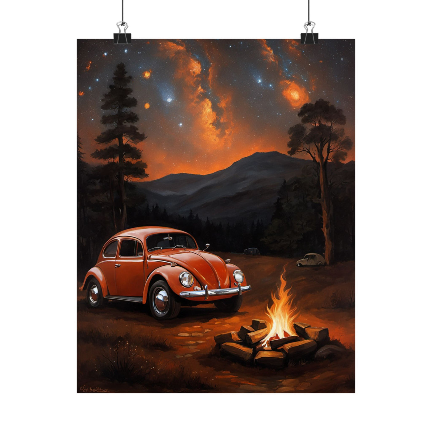 Vintage car enthusiast gift poster featuring a classic red car by a campfire under a starry night sky