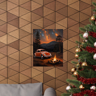 Vintage car enthusiast gift poster featuring a classic car near a campfire in a mountain setting