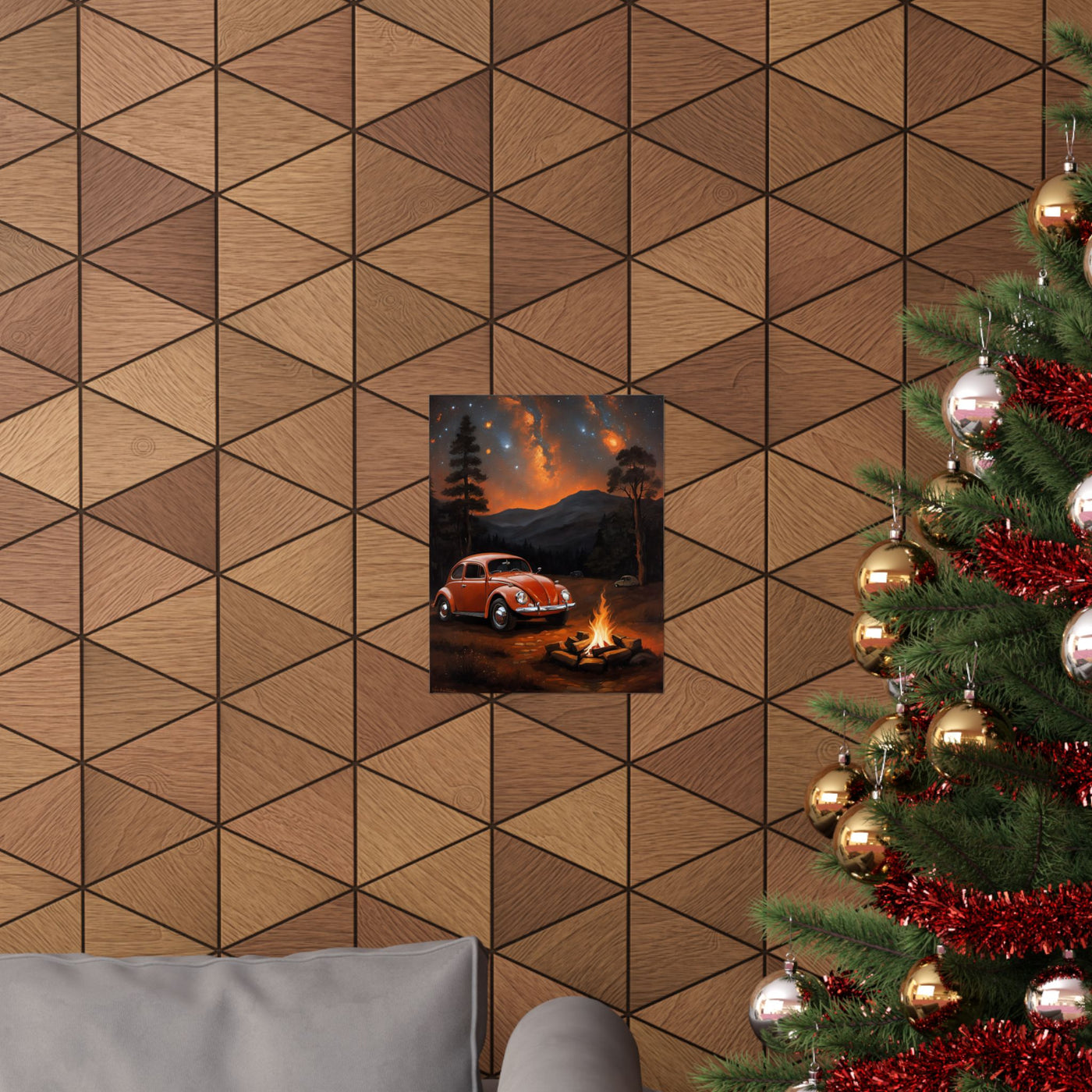 Car enthusiast gift poster featuring a vintage car at a forest campsite with stars in the background