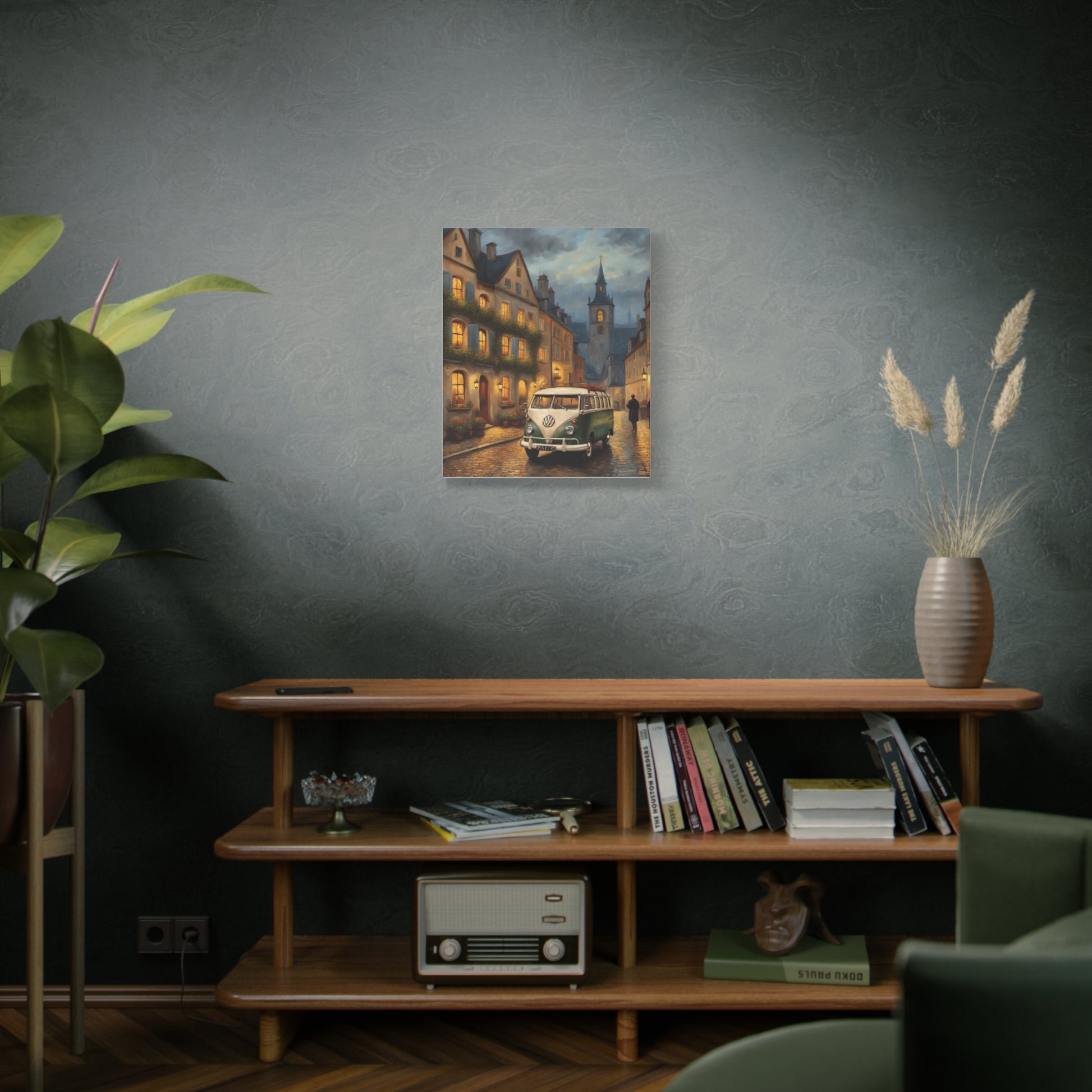 Charming Canvas Art Print featuring a vintage car in a quaint street scene at night