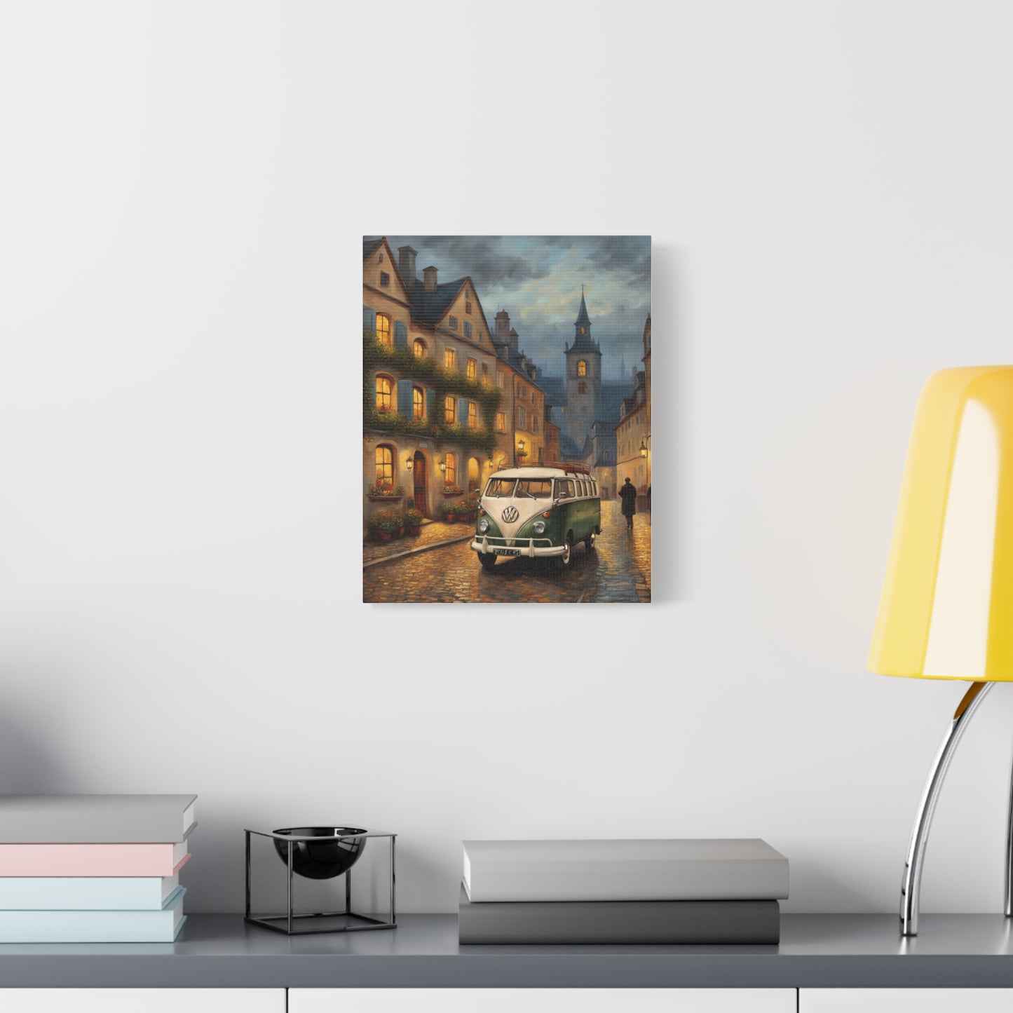 Charming Canvas Art Print featuring a vintage van on a cobblestone street at dusk