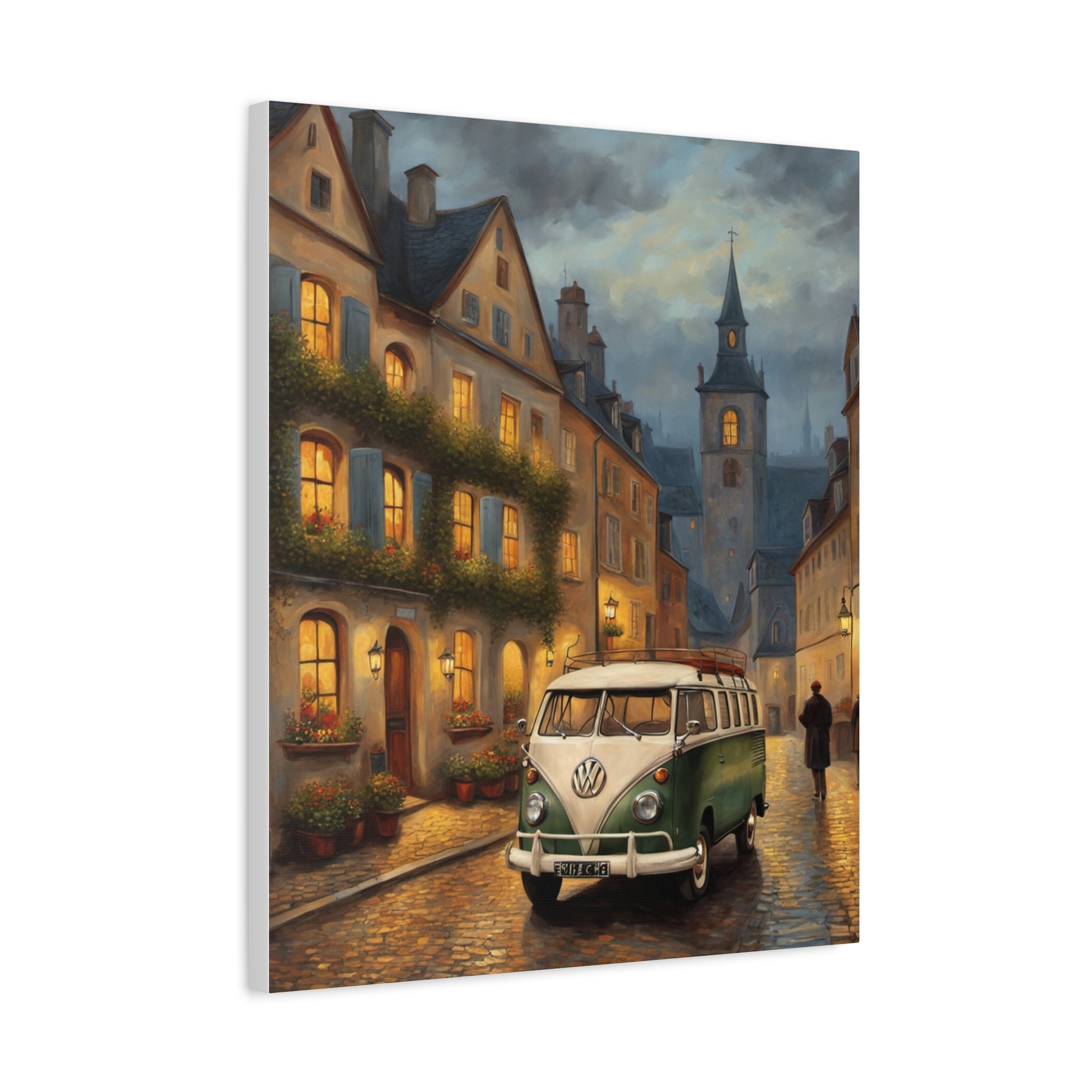 Charming Canvas Art Print of a vintage Volkswagen van in a quaint European town at dusk