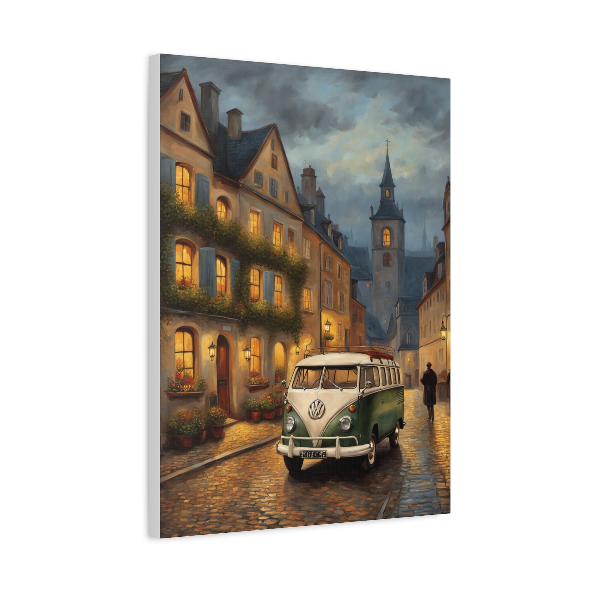 Charming Canvas Art Print of a vintage van on a cobblestone street at dusk with glowing windows