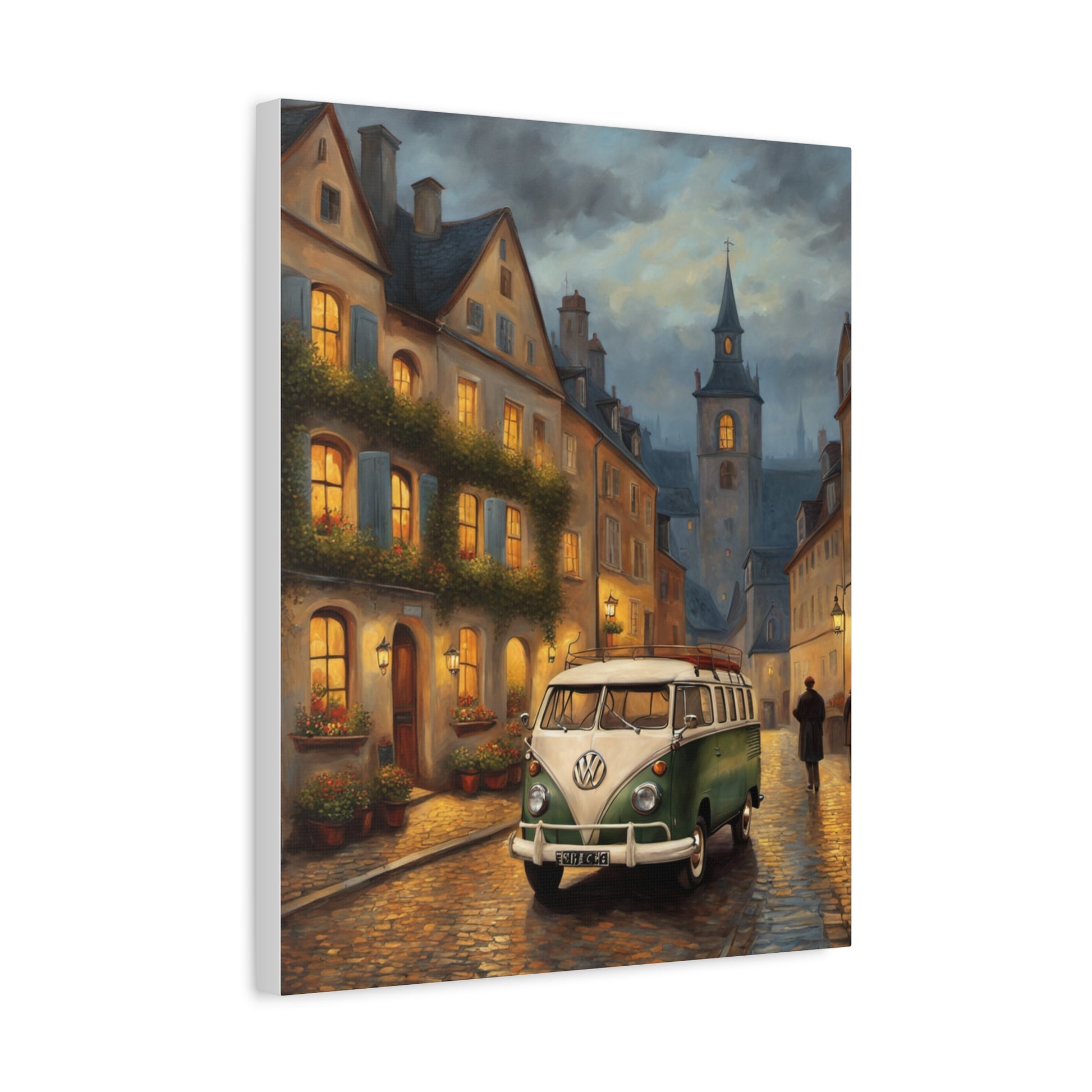 Charming Canvas Art Print of a vintage VW van in a quaint European street at dusk