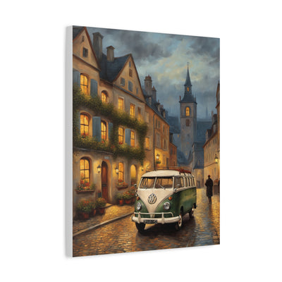 Charming Canvas Art Print of a vintage VW van in a quaint European street at dusk