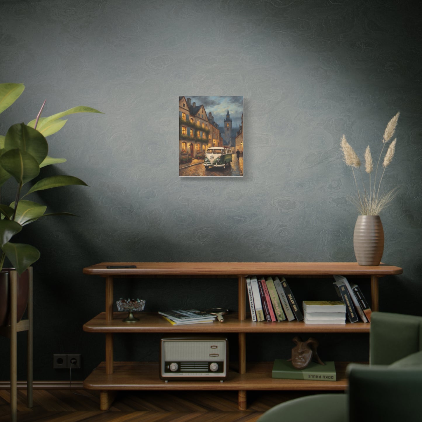 Charming Canvas Art Print featuring a vintage scene enhancing home decor in a stylish living room