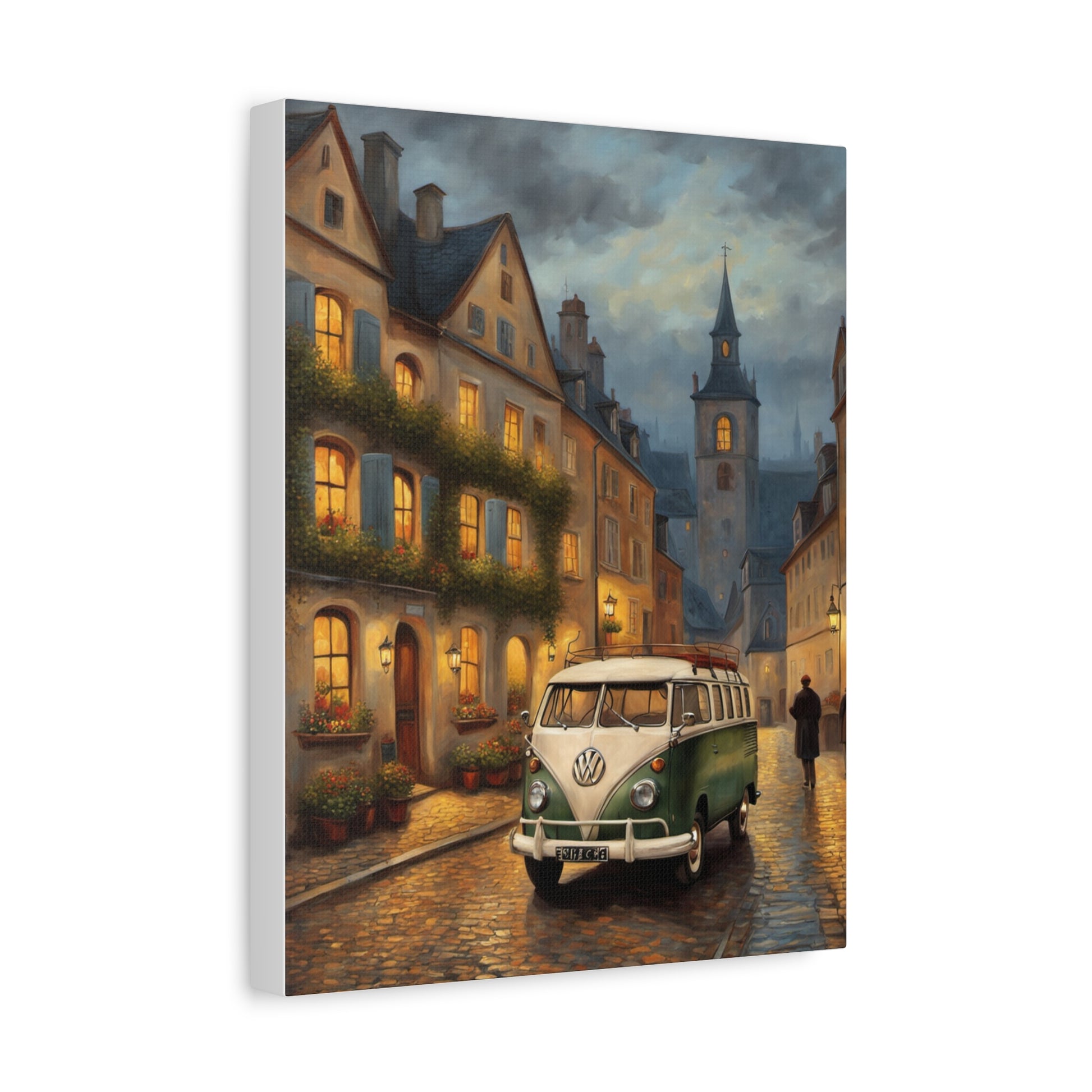 Charming Canvas Art Print featuring a vintage VW bus in a picturesque street scene at dusk