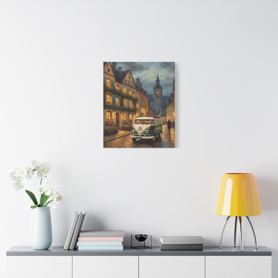 Charming Canvas Art Print featuring a vintage car on a rainy street with charming buildings