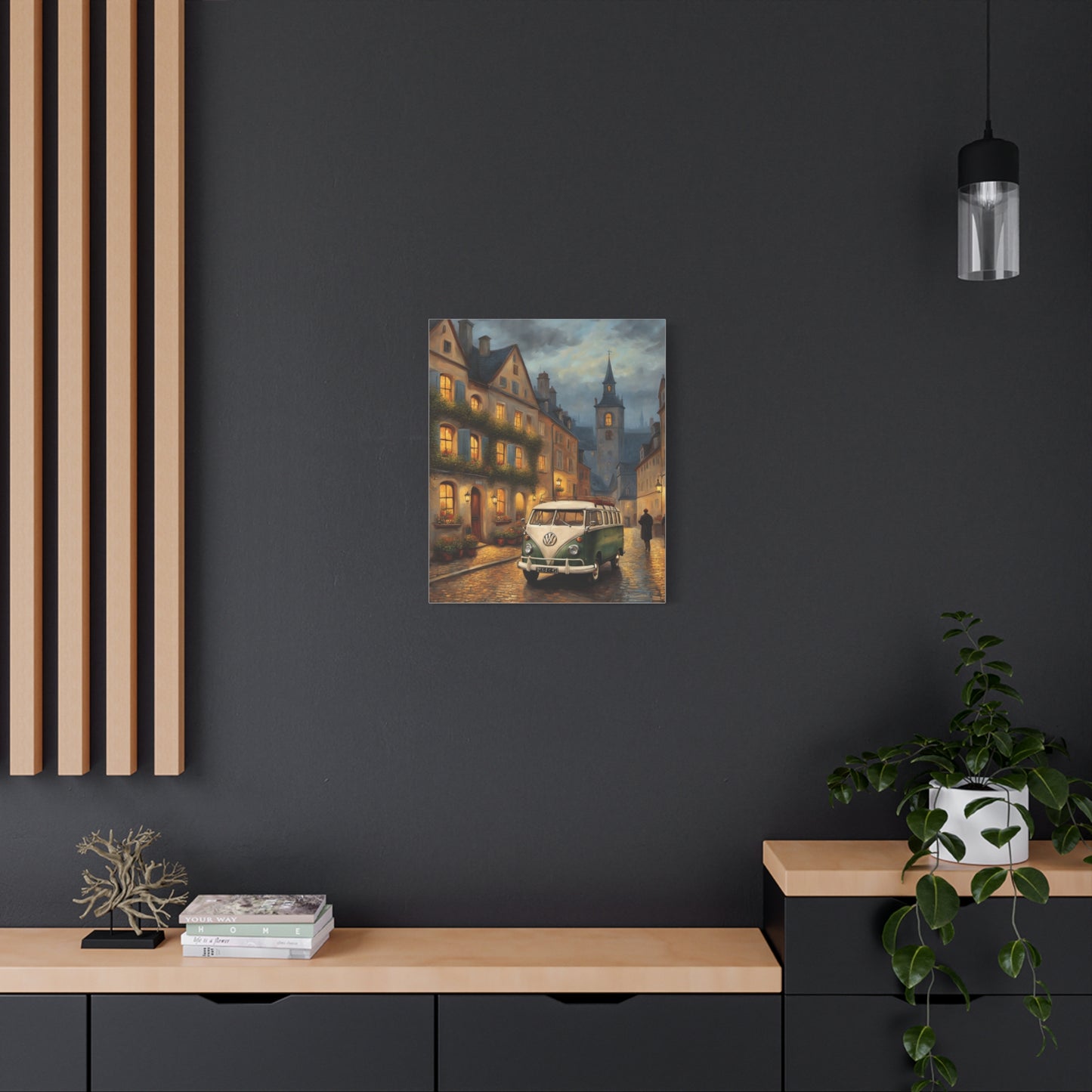 Charming Canvas Art Print featuring a vintage scene with a car on a rainy street