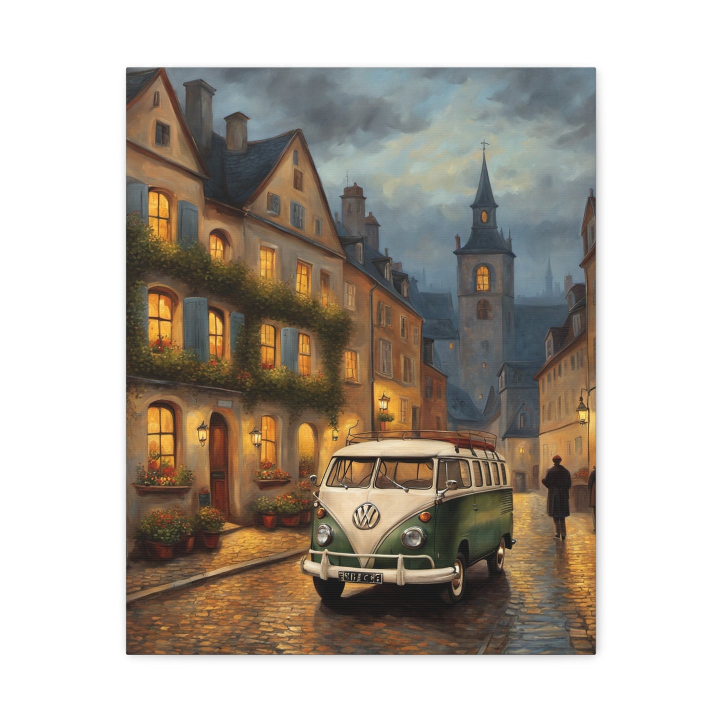 Charming Canvas Art Print of a Vintage Volkswagen Van in a Serene European Street Scene