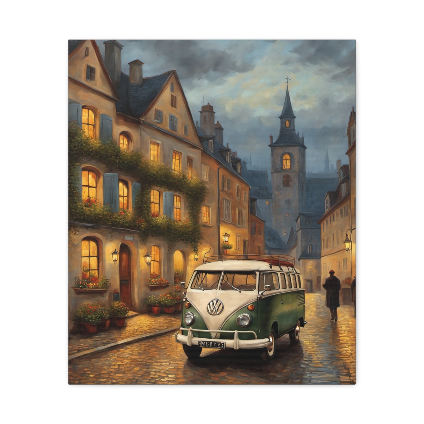 Charming Canvas Art Print featuring a vintage Volkswagen van in a picturesque European village at dusk