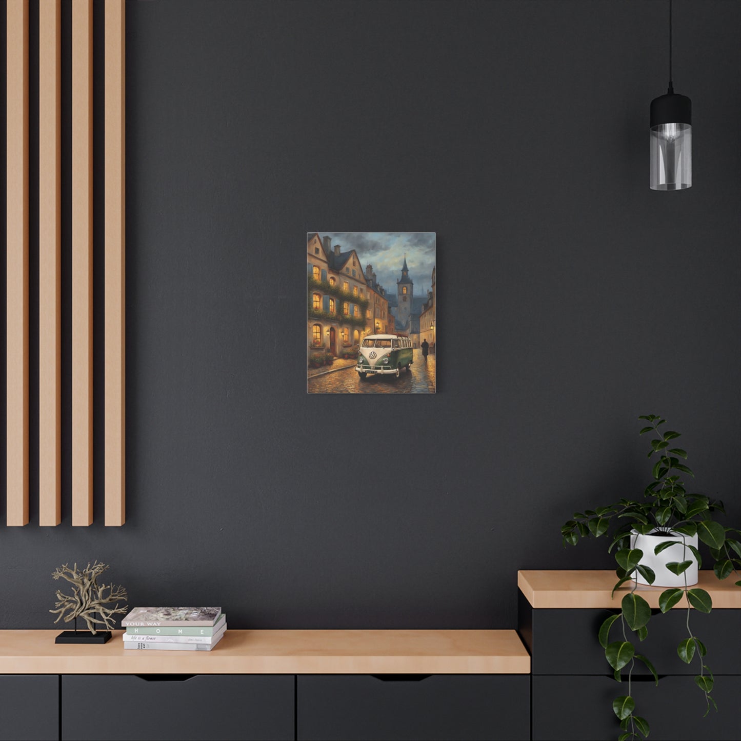 Charming Canvas Art Print of an evening street scene with vintage cars and warm lighting