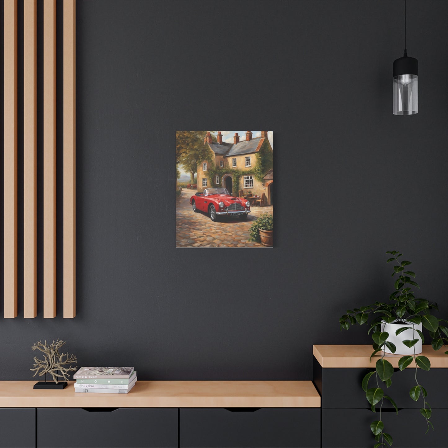 Charming Car Canvas featuring a red vintage car parked by a quaint house and garden