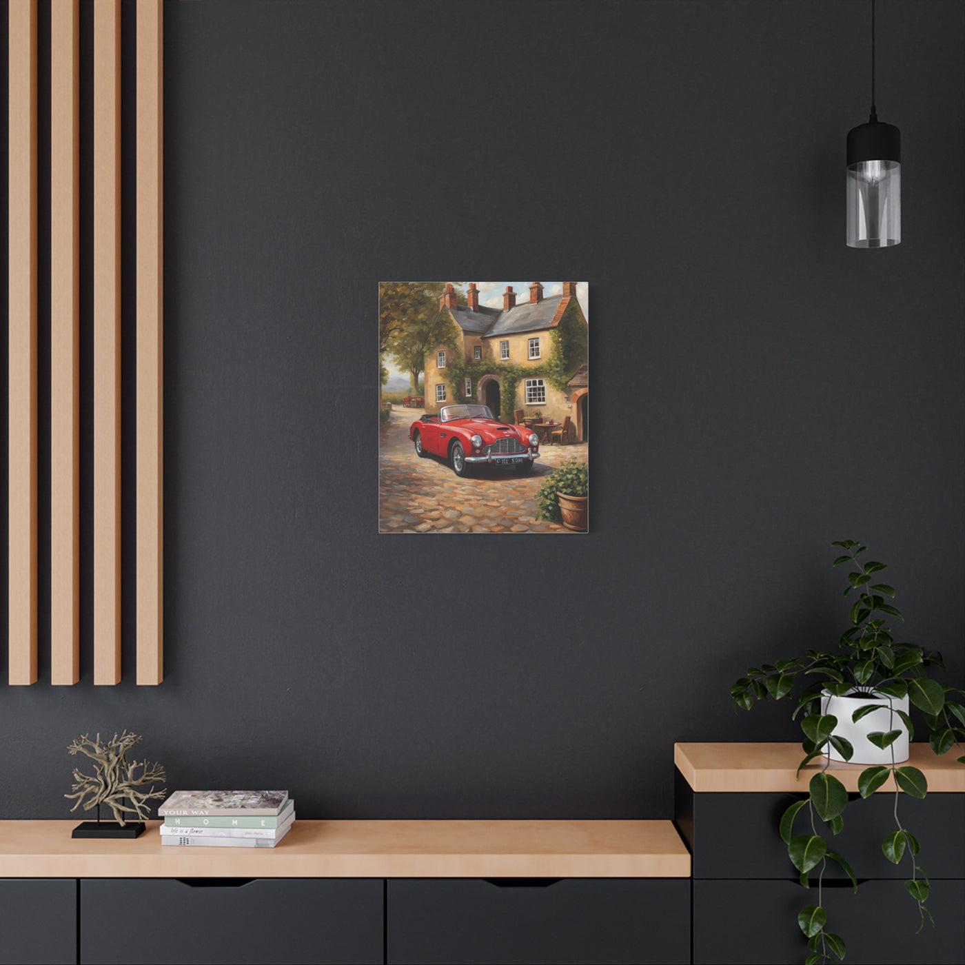 Charming Car Canvas featuring a red vintage car parked by a quaint house and garden