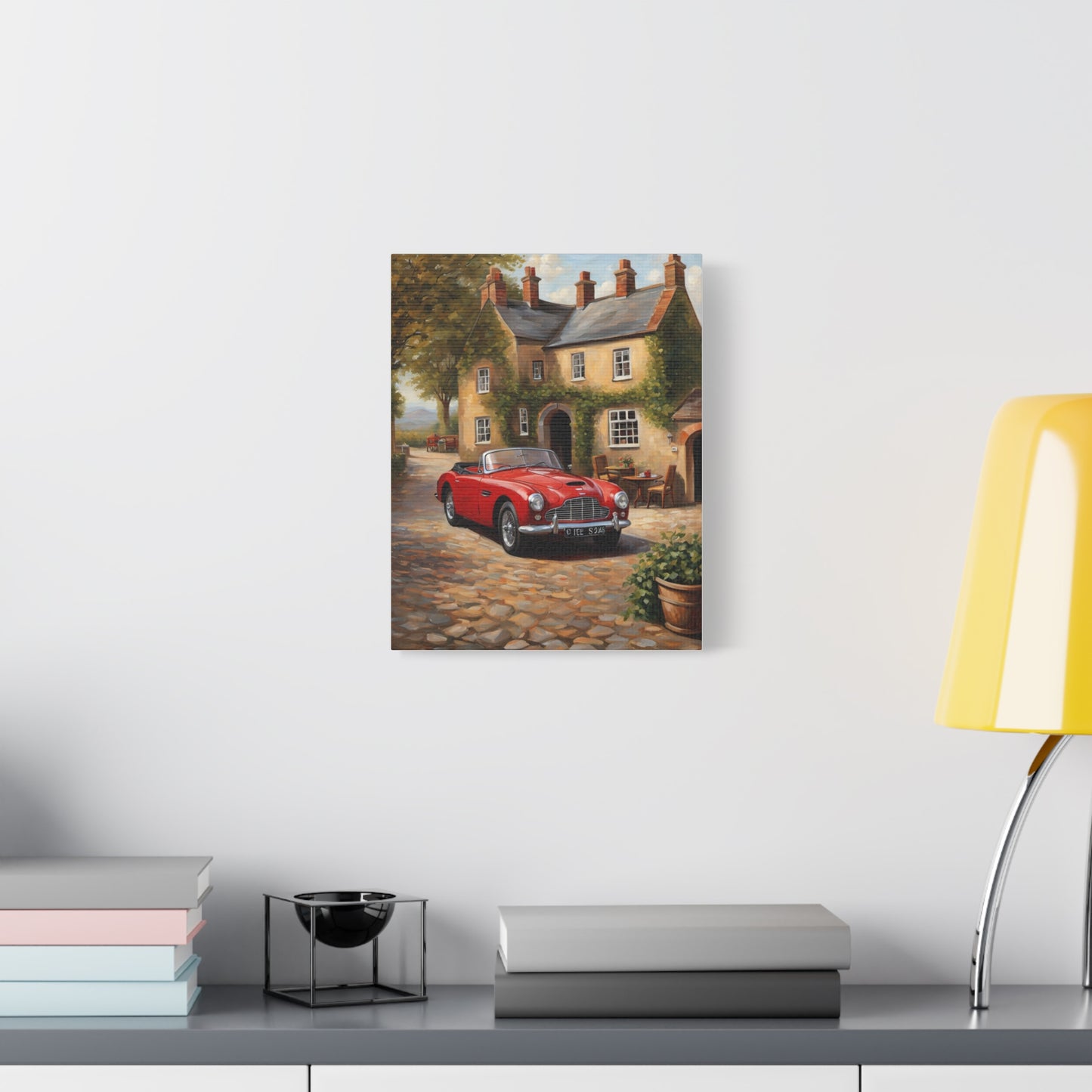 Charming Car Canvas featuring a red vintage car outside a quaint cottage on a cobblestone street
