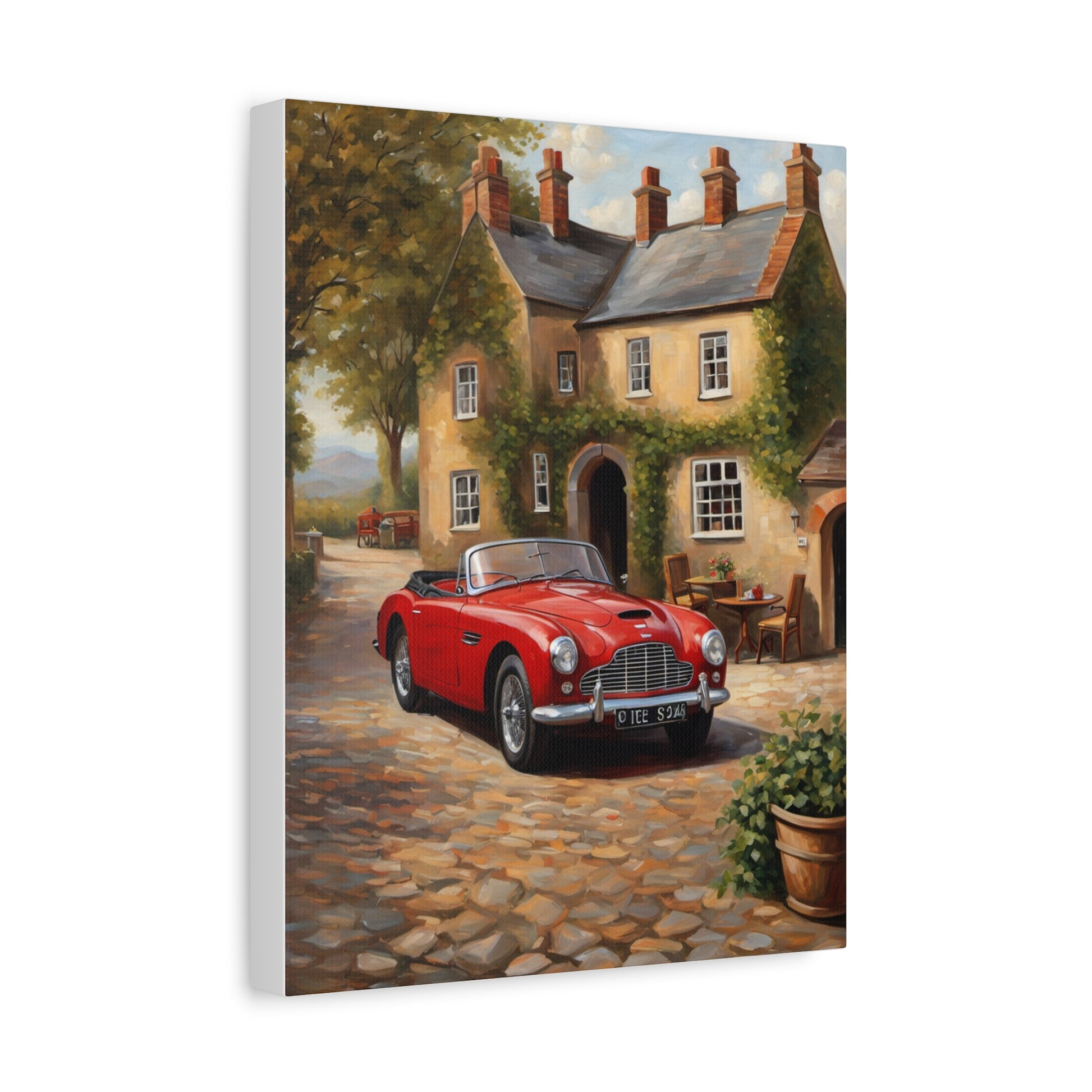 Charming Car Canvas featuring a red convertible parked in front of a rustic cottage surrounded by greenery