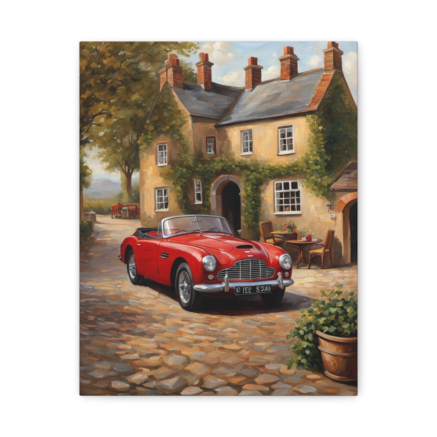 Charming Car Canvas featuring a red convertible parked in front of a picturesque cottage