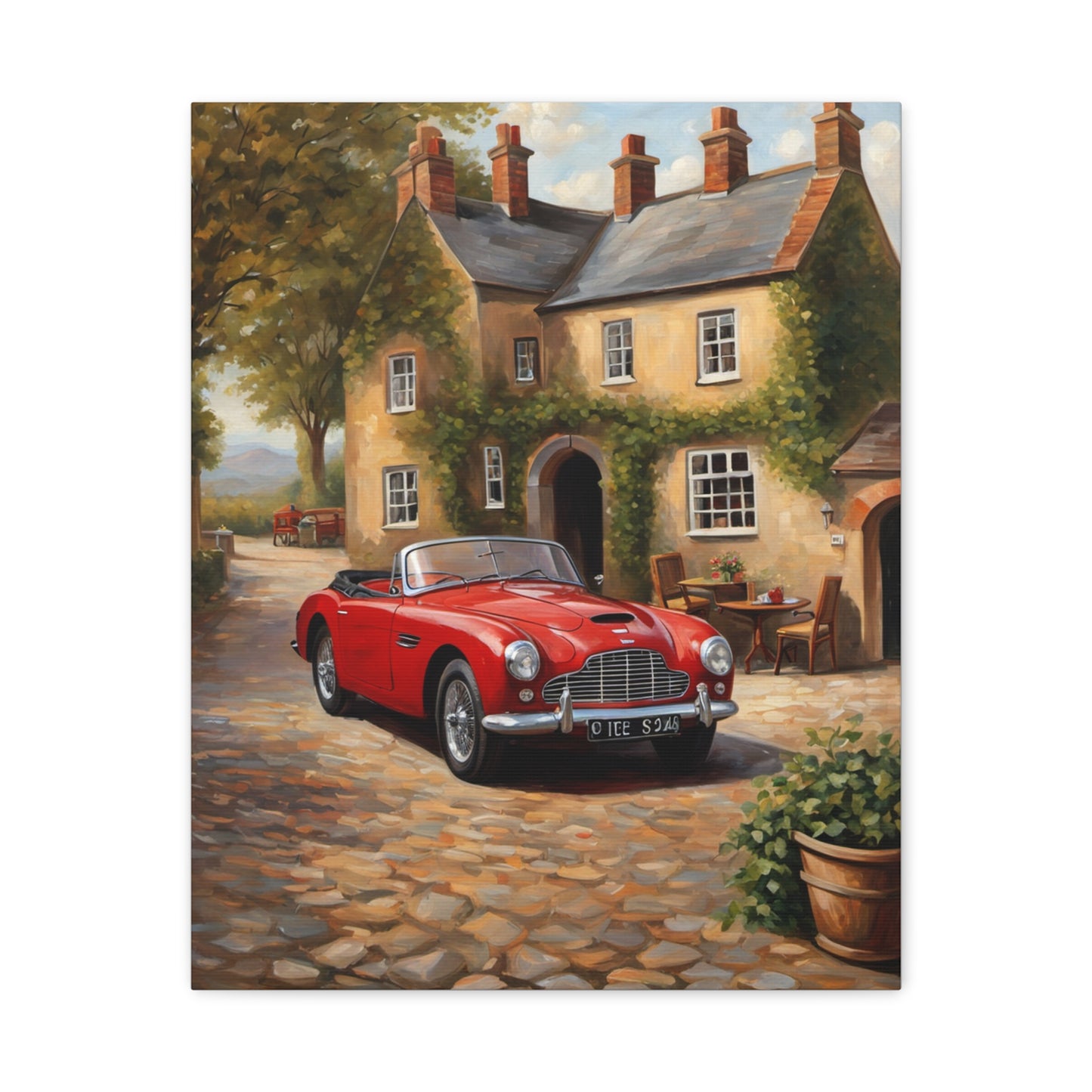 Charming Car Canvas featuring a classic red convertible parked by a rustic cottage
