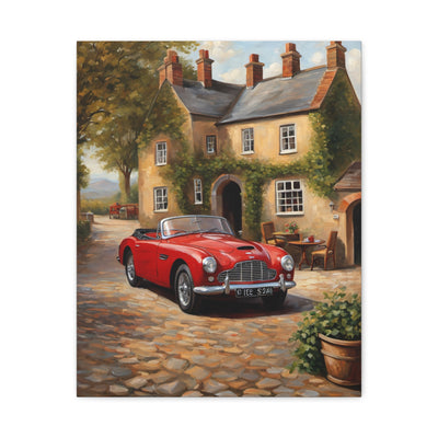 Charming Car Canvas featuring a classic red convertible parked by a rustic cottage