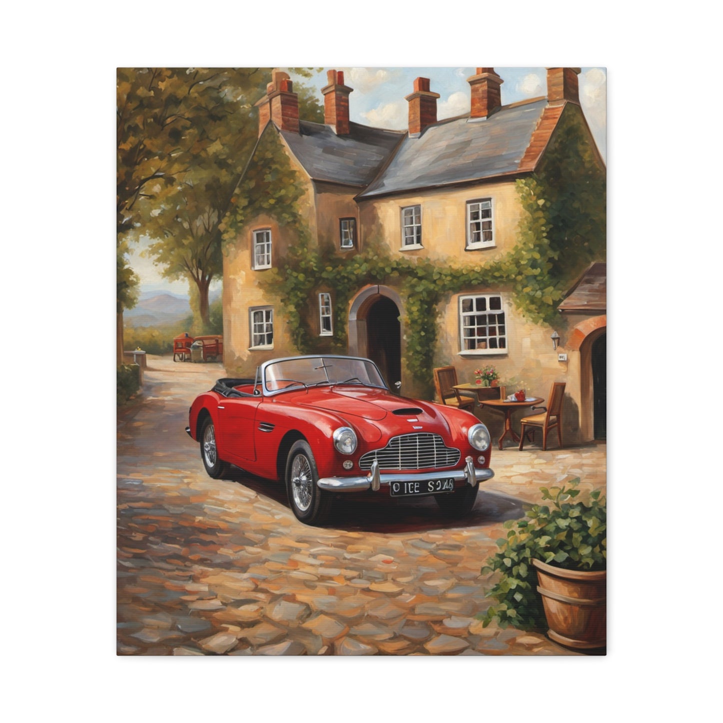 Charming Car Canvas featuring a red vintage convertible in a picturesque village setting