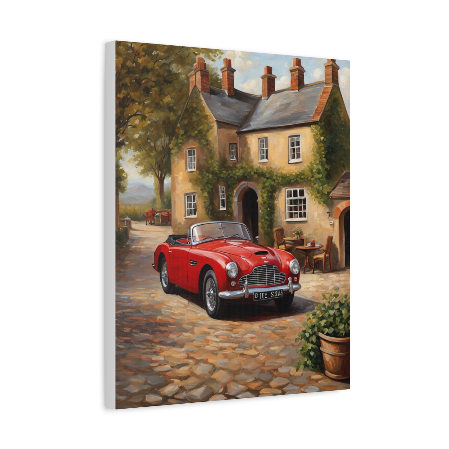Charming Car Canvas featuring a vintage red convertible parked by a quaint cottage with lush greenery