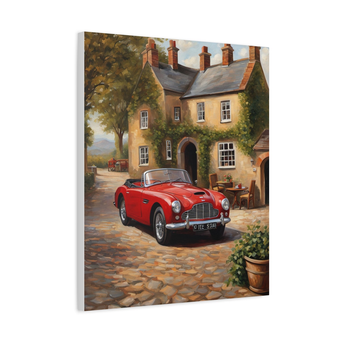Charming Car Canvas featuring a vintage red car parked in front of a quaint cottage surrounded by trees