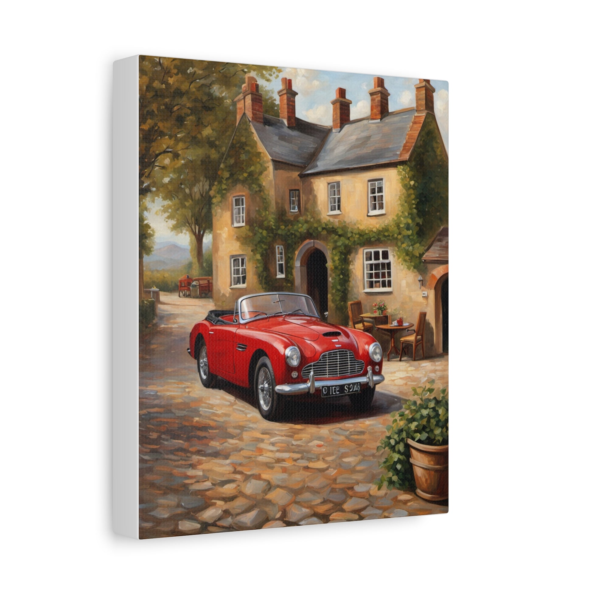 Charming Car Canvas featuring a red convertible parked by a cozy cottage in a scenic landscape