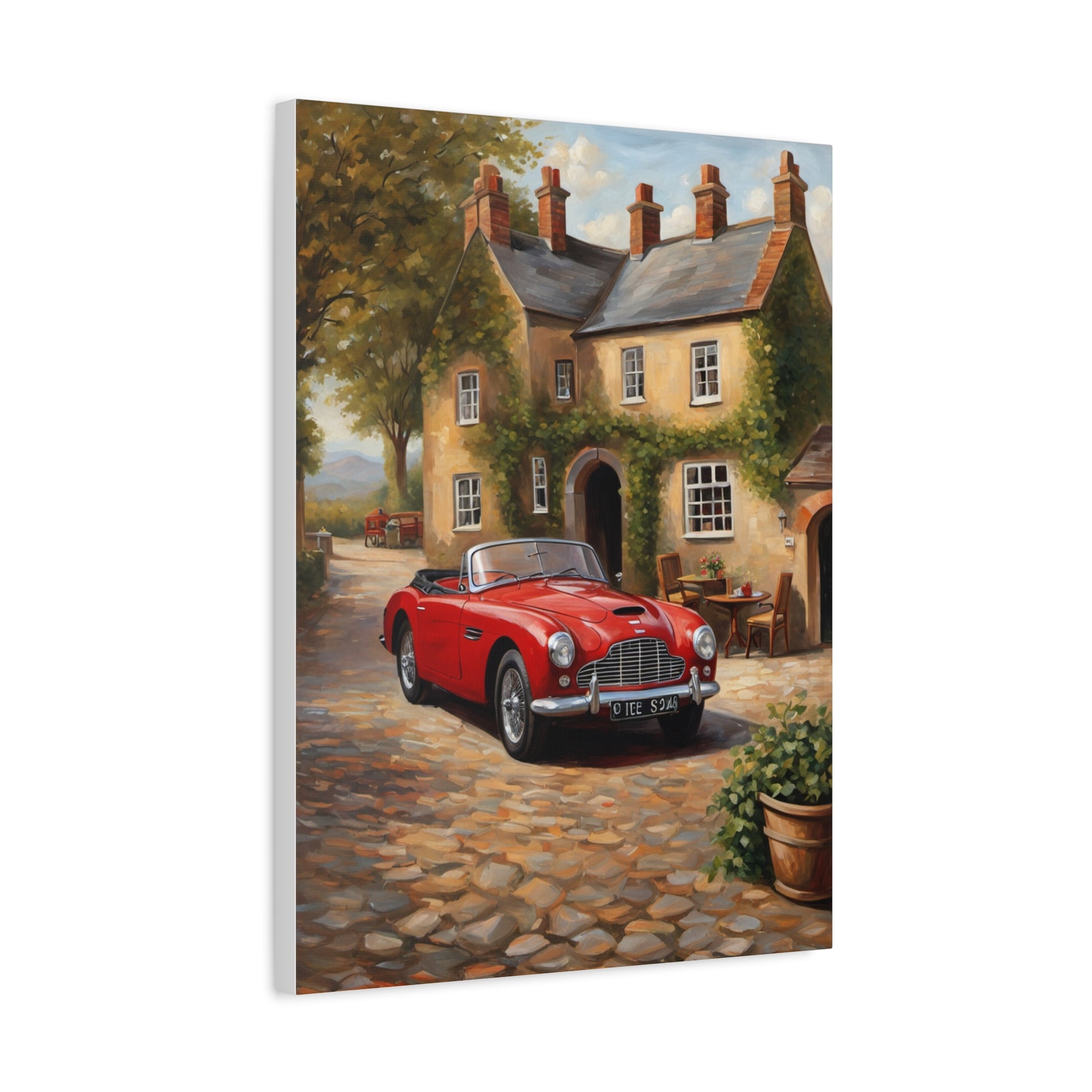 Charming Car Canvas featuring a vintage red convertible parked by a picturesque cottage