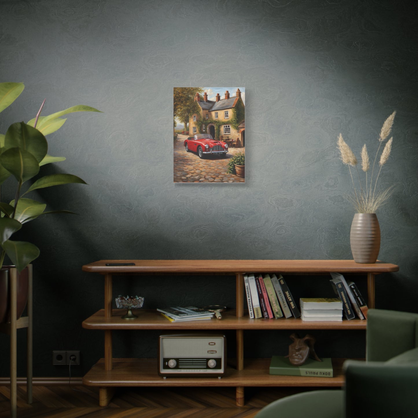Charming Car Canvas featuring a vintage red car in a scenic village setting, perfect for home decor.