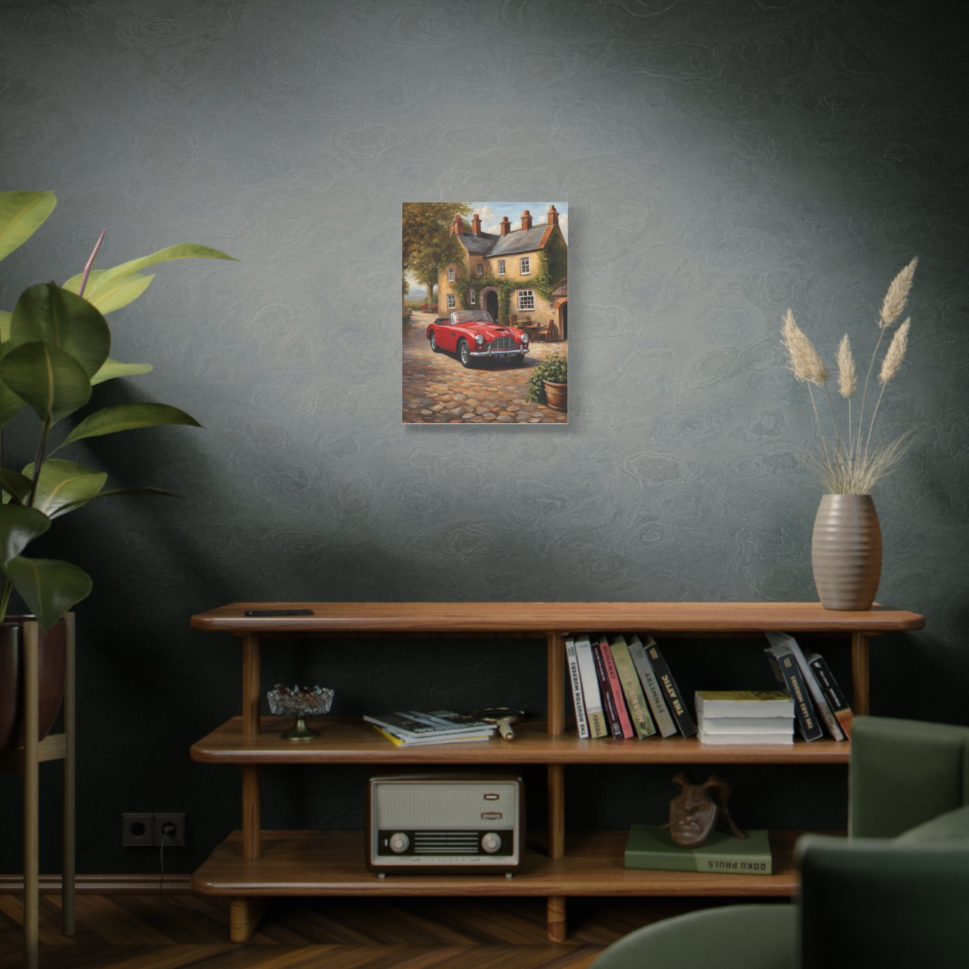 Charming Car Canvas featuring a vintage red car in a scenic village setting, perfect for home decor.