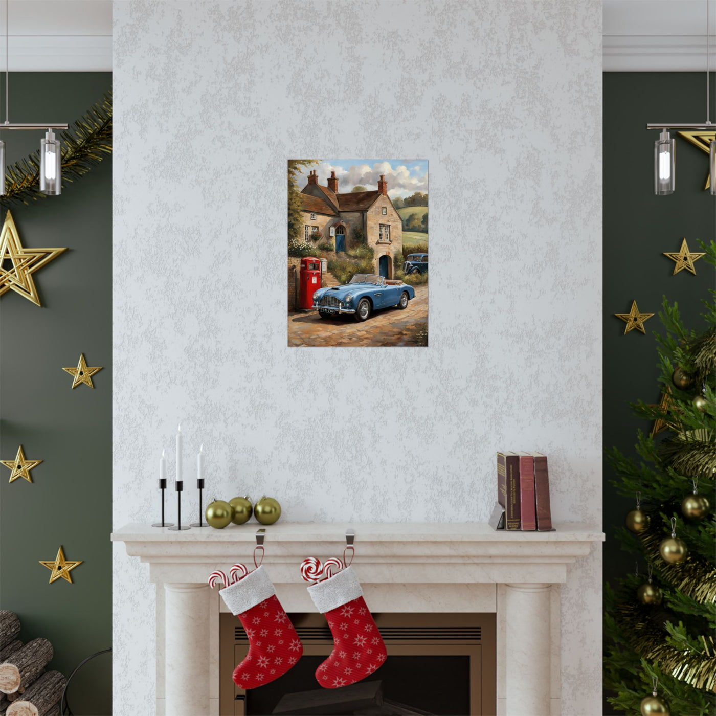 Charming Vintage Car Art Poster displayed in a cozy holiday home setting with festive decorations