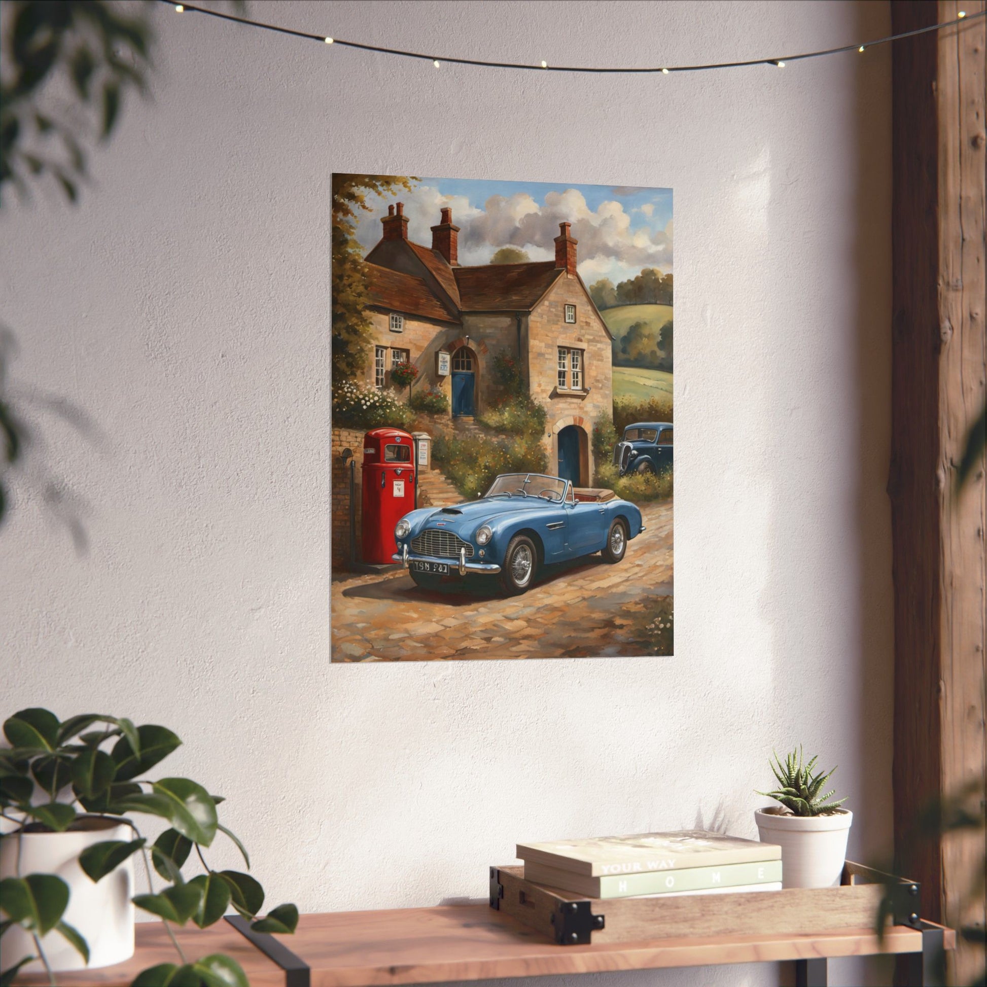 Charming Vintage Car Art Poster featuring a classic blue car near a quaint cottage and a red phone booth
