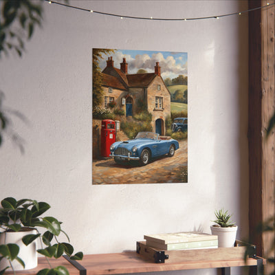 Charming Vintage Car Art Poster featuring a classic blue car near a quaint cottage and a red phone booth