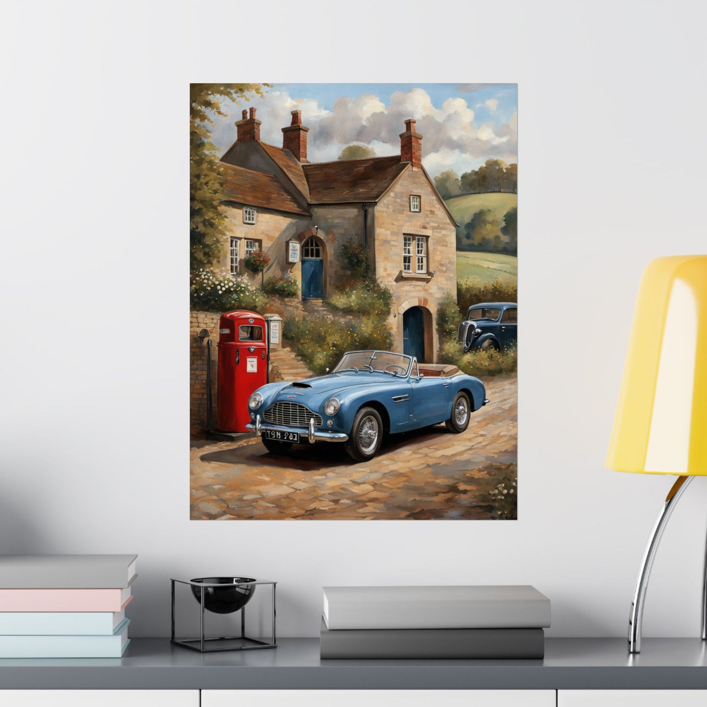 Charming Vintage Car Art Poster featuring a classic blue car parked near a countryside house