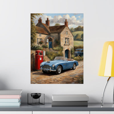 Charming Vintage Car Art Poster featuring a classic blue car parked near a countryside house