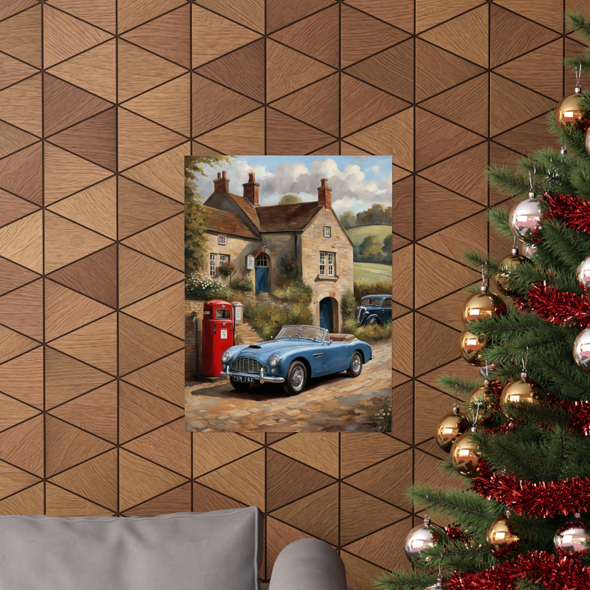 Charming Vintage Car Art Poster displayed on a wall in a cozy living room setting