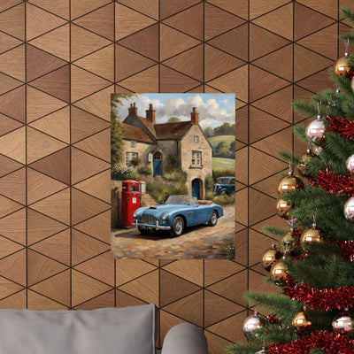 Charming Vintage Car Art Poster displayed on a wall in a cozy living room setting