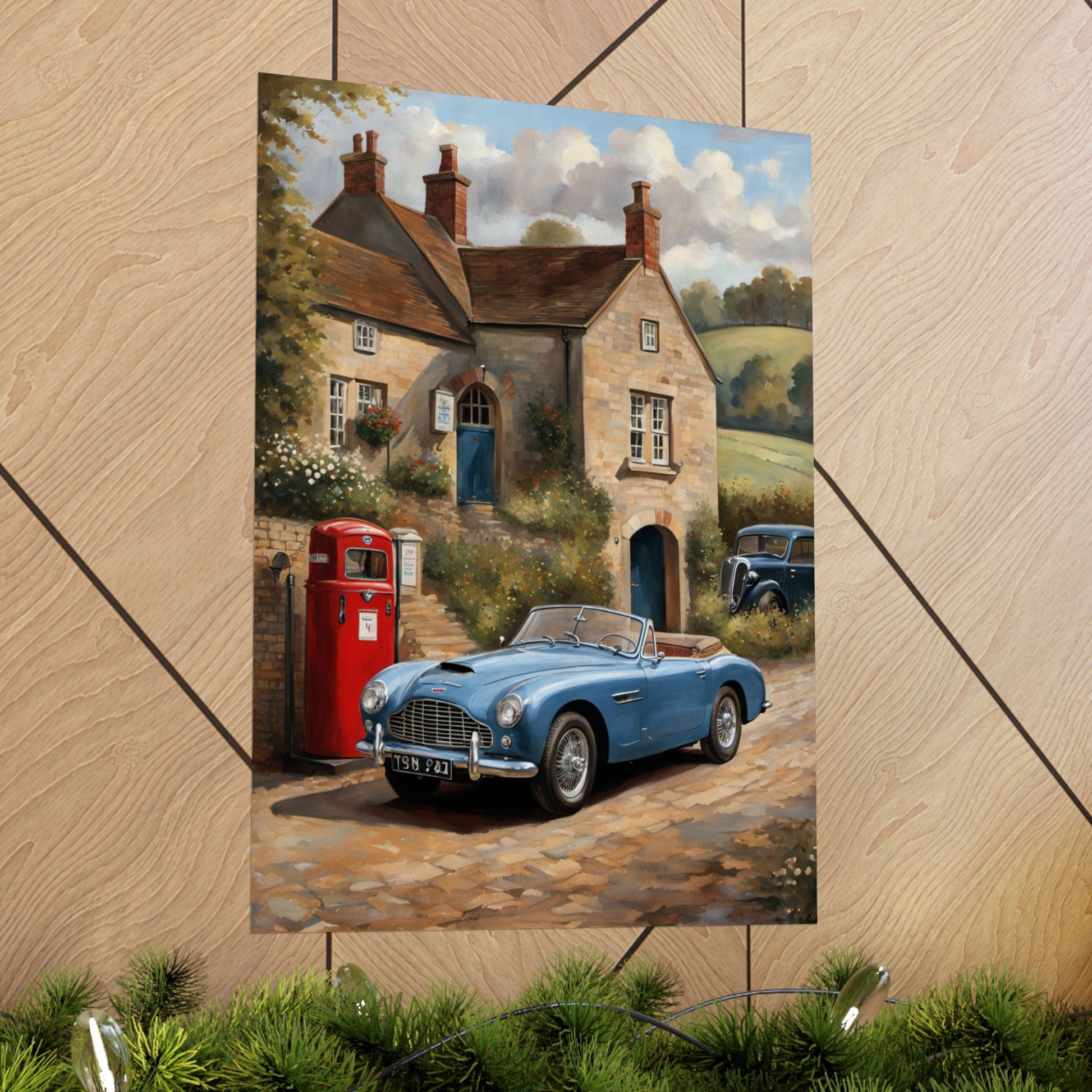 Charming Vintage Car Art Poster featuring a blue classic car parked by a cottage and gas station